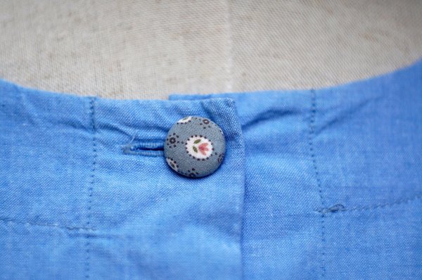 画像6: "ピジョン" コットン デニム 半袖 レトロワンピース ノーカラー パッチワーク くるみボタン 腰リボン[20214]