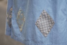 他の写真1: "ピジョン" コットン デニム 半袖 レトロワンピース ノーカラー パッチワーク くるみボタン 腰リボン[20214]
