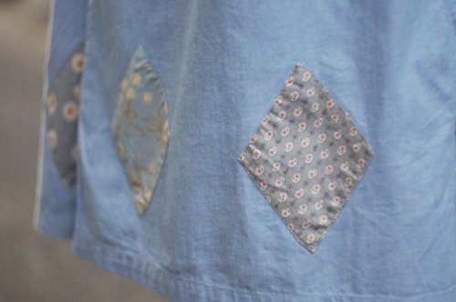 他の写真1: "ピジョン" コットン デニム 半袖 レトロワンピース ノーカラー パッチワーク くるみボタン 腰リボン[20214]