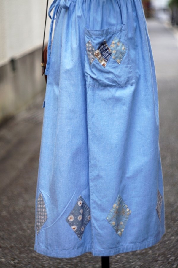 画像13: "ピジョン" コットン デニム 半袖 レトロワンピース ノーカラー パッチワーク くるみボタン 腰リボン[20214]