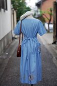 画像3: "ピジョン" コットン デニム 半袖 レトロワンピース ノーカラー パッチワーク くるみボタン 腰リボン[20214]