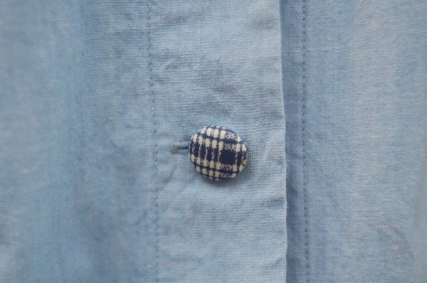 画像7: "ピジョン" コットン デニム 半袖 レトロワンピース ノーカラー パッチワーク くるみボタン 腰リボン[20214]