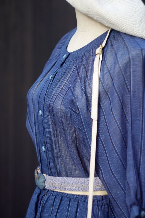 画像6: ブルー×ネイビー  ストライプ柄  半袖 レトロワンピース ノーカラー [20219]