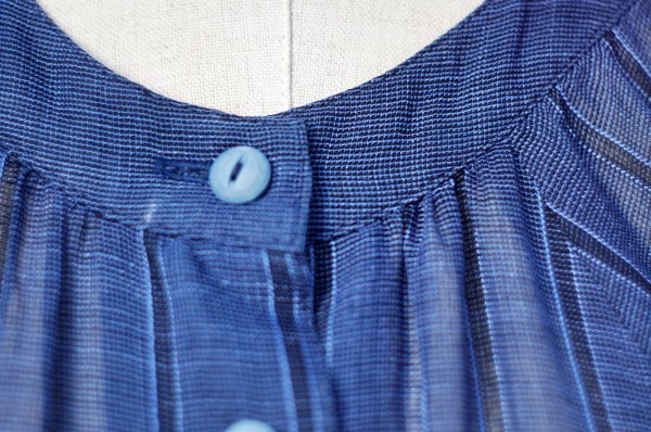 画像7: ブルー×ネイビー  ストライプ柄  半袖 レトロワンピース ノーカラー [20219]