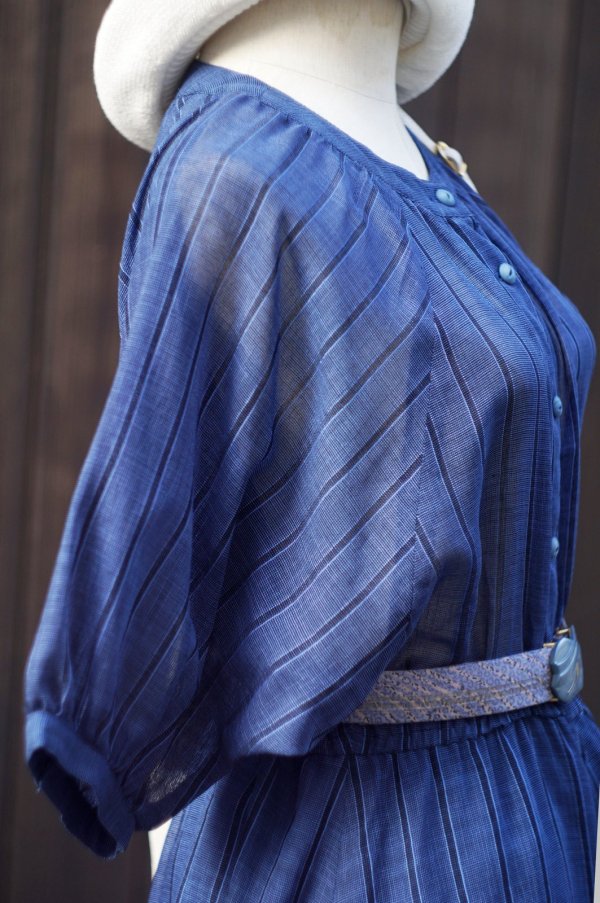 画像8: ブルー×ネイビー  ストライプ柄  半袖 レトロワンピース ノーカラー [20219]