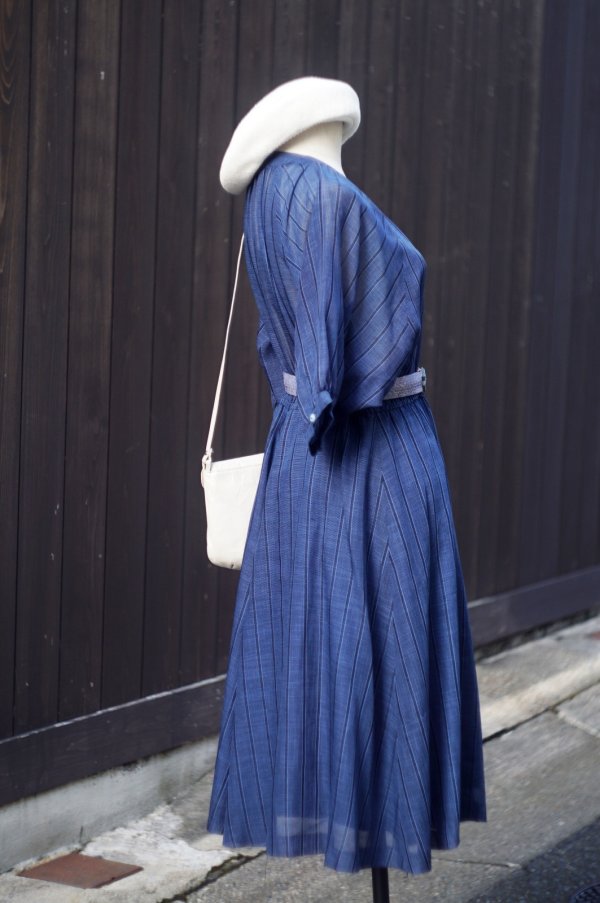 画像3: ブルー×ネイビー  ストライプ柄  半袖 レトロワンピース ノーカラー [20219]