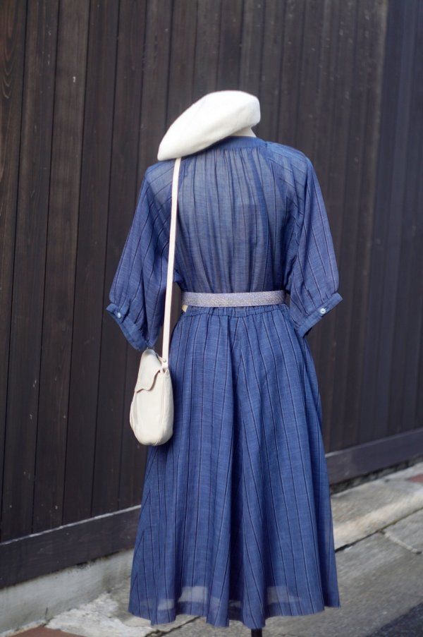 画像4: ブルー×ネイビー  ストライプ柄  半袖 レトロワンピース ノーカラー [20219]