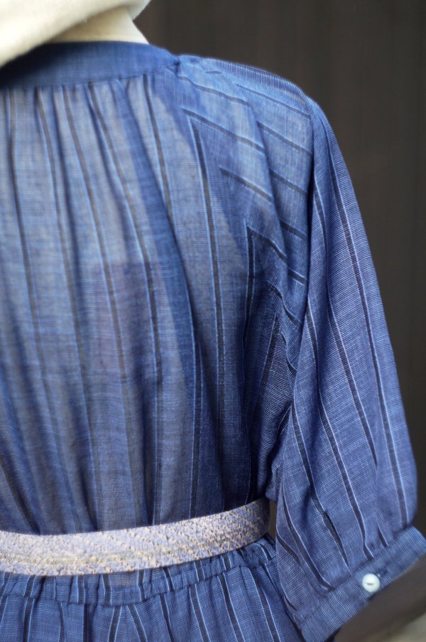 画像9: ブルー×ネイビー  ストライプ柄  半袖 レトロワンピース ノーカラー [20219]