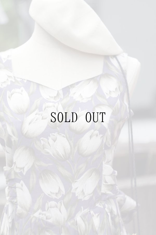 画像5: "mount hope something" パープル系 花柄 コットン ノースリーブ ワンピース スクエアネック 腰リボン[20066]