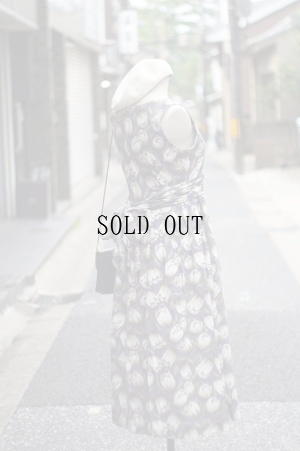 画像3: "mount hope something" パープル系 花柄 コットン ノースリーブ ワンピース スクエアネック 腰リボン[20066]