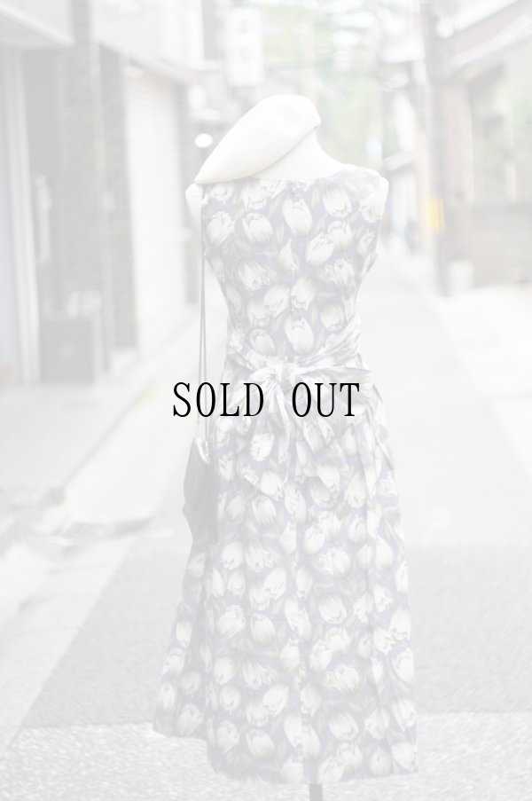 画像4: "mount hope something" パープル系 花柄 コットン ノースリーブ ワンピース スクエアネック 腰リボン[20066]