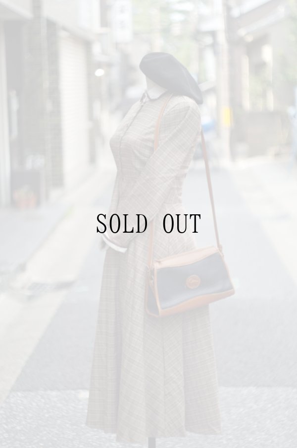 画像1: ”FASHION” グレンチェック柄 ブラウン×白 長袖 レトロワンピース 丸襟[20193]