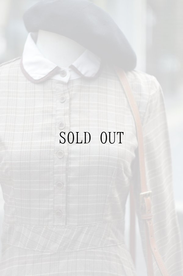 画像5: ”FASHION” グレンチェック柄 ブラウン×白 長袖 レトロワンピース 丸襟[20193]