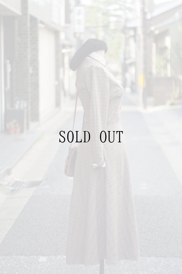 画像3: ”FASHION” グレンチェック柄 ブラウン×白 長袖 レトロワンピース 丸襟[20193]