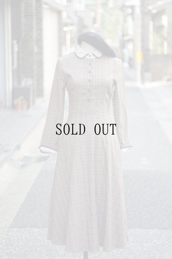 画像2: ”FASHION” グレンチェック柄 ブラウン×白 長袖 レトロワンピース 丸襟[20193]