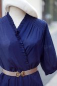 画像4: 無地 ネイビー 半袖 レトロワンピース カシュクール プリーツ フリル[20230]