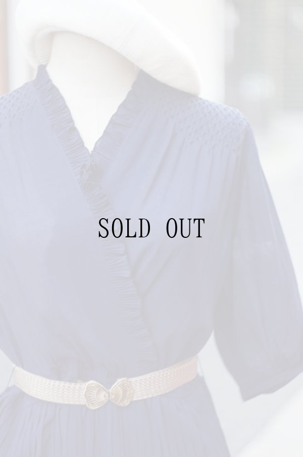 画像4: 無地 ネイビー 半袖 レトロワンピース カシュクール プリーツ フリル[20230]