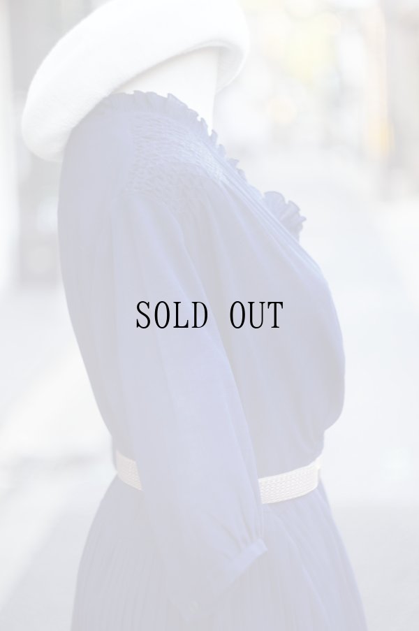 画像7: 無地 ネイビー 半袖 レトロワンピース カシュクール プリーツ フリル[20230]