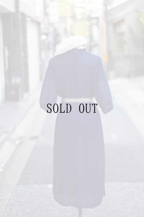 画像3: 無地 ネイビー 半袖 レトロワンピース カシュクール プリーツ フリル[20230]