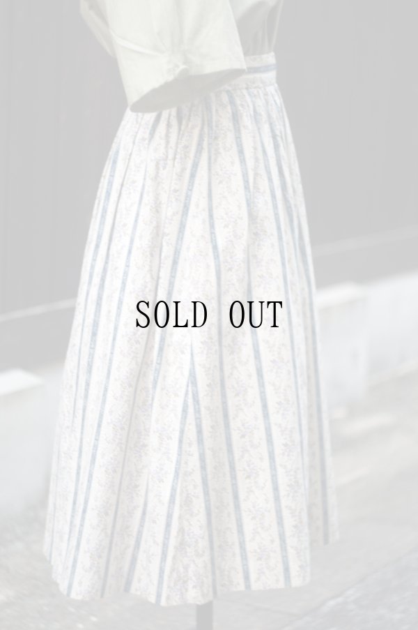 画像3: "KEITH" 生成 ブルー系 花柄  コットン リネン スカート フレア w66cm[20237]