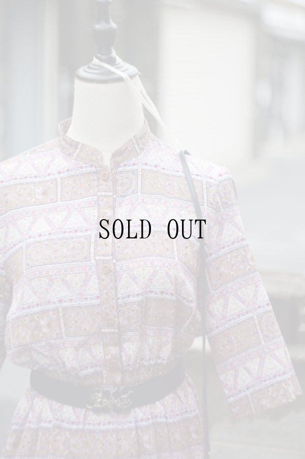 画像5: "fitme" 花柄 アイボリー×ブラウン系 五分袖 レトロワンピース マオカラー [20242]