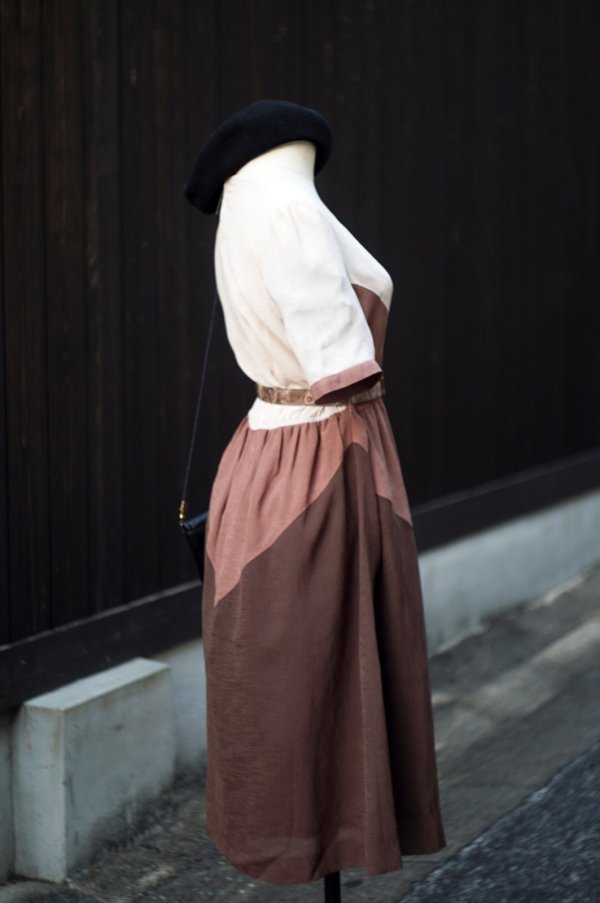 画像3: ブラウン系  無地  半袖 レトロワンピース スクエアネック  [20245]