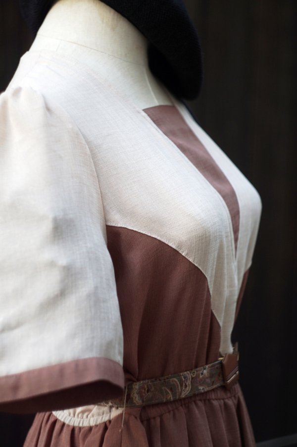 画像7: ブラウン系  無地  半袖 レトロワンピース スクエアネック  [20245]