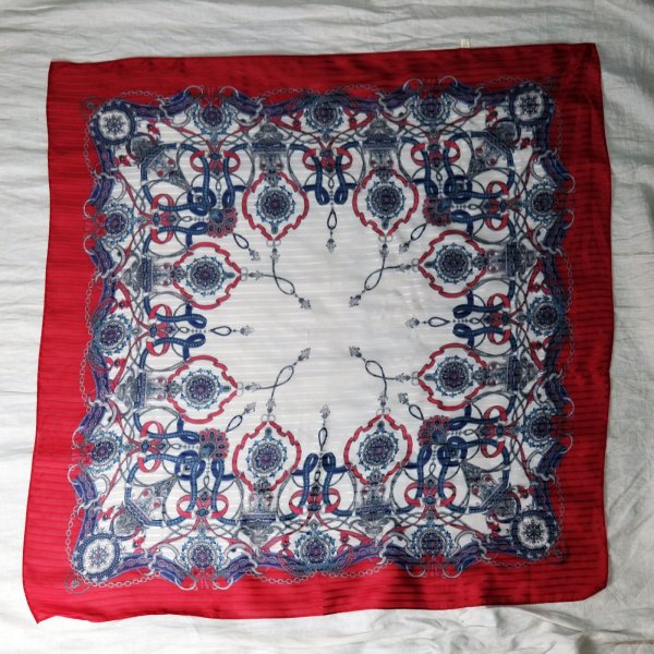画像1: 赤×白系 シルク リボンと装飾柄 スカーフ  89cm×89cm[20293]