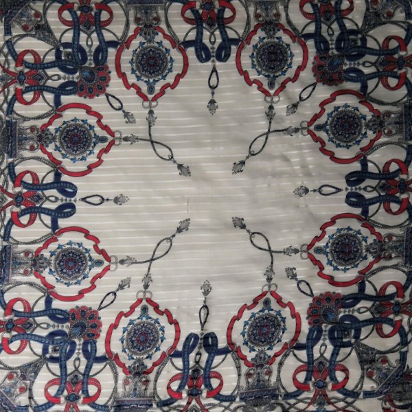 画像2: 赤×白系 シルク リボンと装飾柄 スカーフ  89cm×89cm[20293]