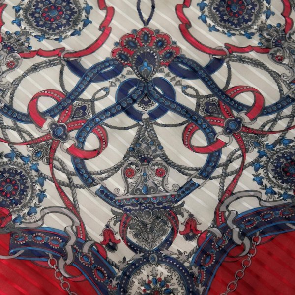 画像3: 赤×白系 シルク リボンと装飾柄 スカーフ  89cm×89cm[20293]
