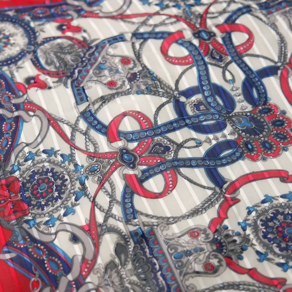 画像5: 赤×白系 シルク リボンと装飾柄 スカーフ  89cm×89cm[20293]