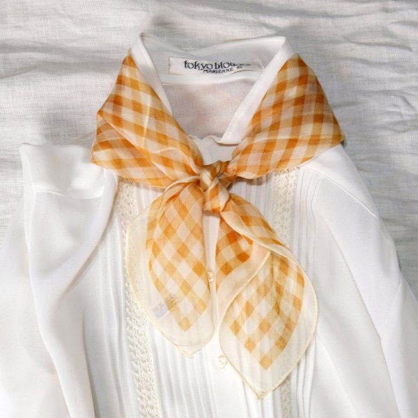 画像6: アイボリー×ブラウン シルク ギンガムチェック柄 ミニスカーフ  52cm×52cm[20296]