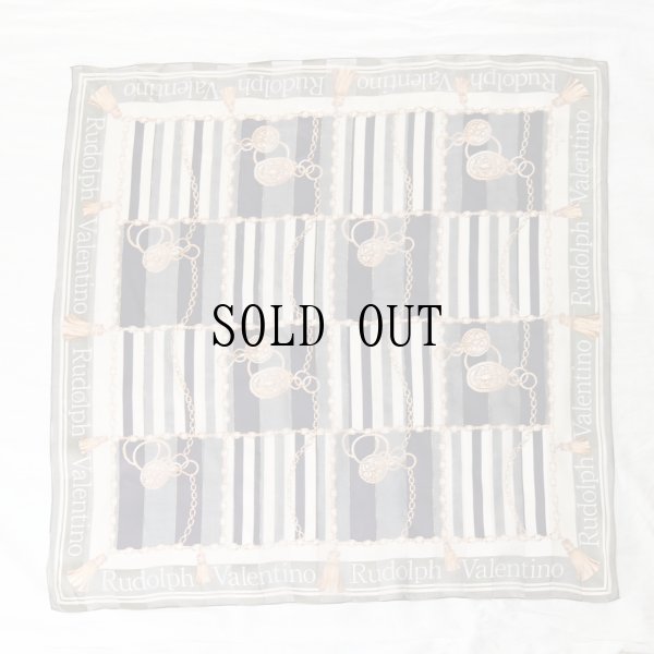 画像1: ”Rudolph Valentino” ブラック グリーン系 シルク タッセルと絵模様 スカーフ  90cm×90cm[20285]