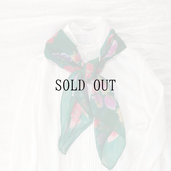 画像5: グリーン系 シルク 花柄 スカーフ  82cm×82cm[20295]