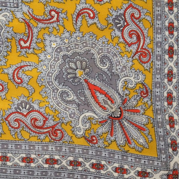 画像3: グレー×マスタードイエロー系 シルク ペイズリー スカーフ  77cm×77cm[20291]