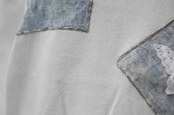 画像10: "Tee Jays" US製 デニムパッチワーク 白 スウェット トップス ラインストーン レース[20315]