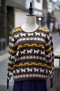 ”COSMO” ブラウン ウール混 犬柄 ニット クルーネック[20346]