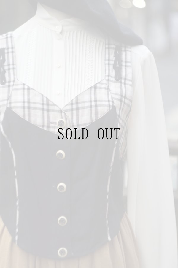 画像2: "Folk line" 無地 タータンチェック柄 黒×ベージュ ベスト ノーカラー 前開き [20338]