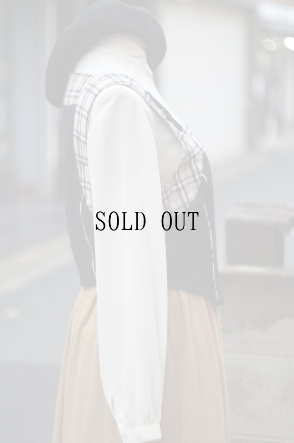 画像7: "Folk line" 無地 タータンチェック柄 黒×ベージュ ベスト ノーカラー 前開き [20338]