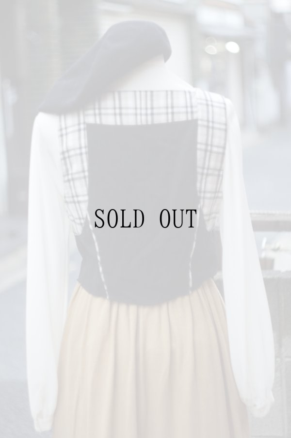 画像8: "Folk line" 無地 タータンチェック柄 黒×ベージュ ベスト ノーカラー 前開き [20338]