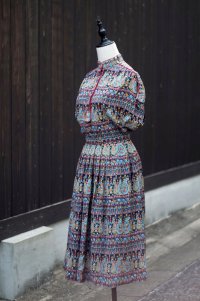 "SUNCY MAX MARA" ネイビー ペイズリー柄 ブラウス&スカート ツーピース セットアップ オープンカラー[20351]