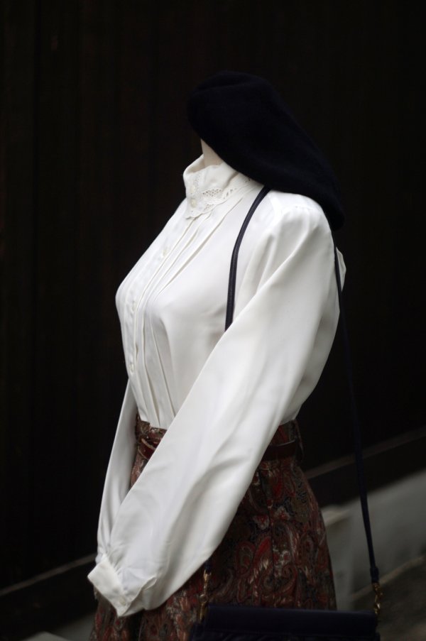 画像5: "Mercredi" 無地 白 長袖 ブラウス プリーツ スタンドカラー [20360]