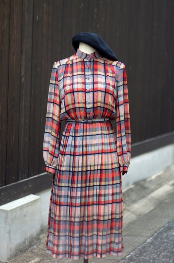 画像4: ”TOKYO BLOUSE” タータンチェック柄 マルチカラー 長袖 レトロワンピース スタンドカラー ベルト[20367]