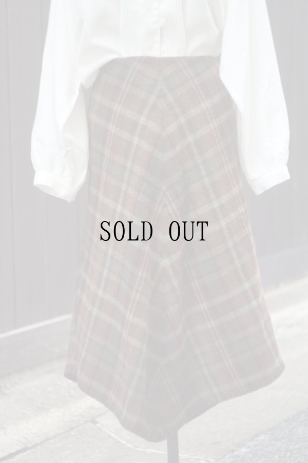 画像1: "RALPH LAUREN" チェック柄 ウール ブラウン×グリーン  スカート フレア w72cm[20392]