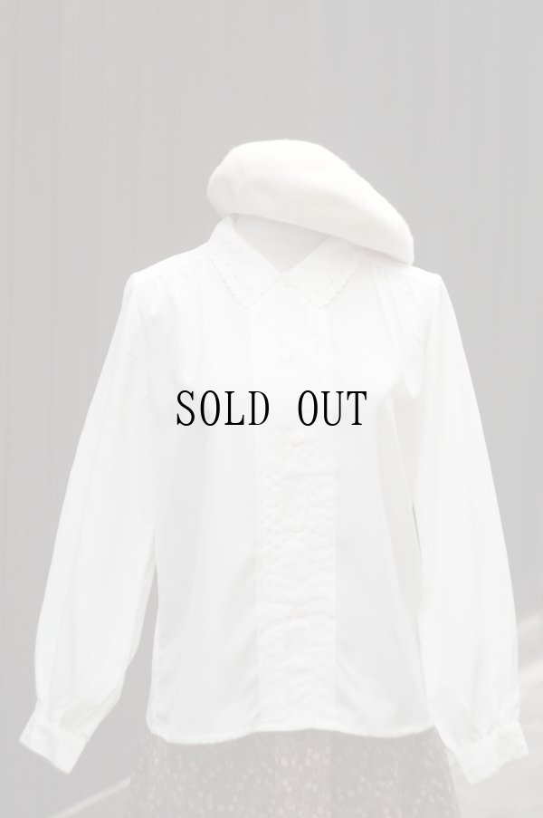 画像1: "Cecilene" 無地 白 長袖 ブラウス レギュラーカラー スカラップ ピンタック[20395]