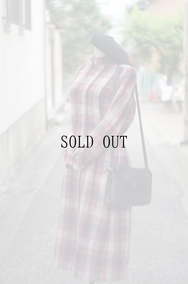 画像1: チェック柄 コットン ローズ系 長袖 レトロワンピース スタンドカラー [20407]