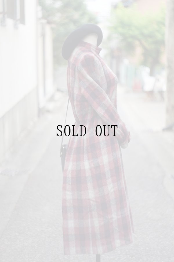 画像2: チェック柄 コットン ローズ系 長袖 レトロワンピース スタンドカラー [20407]