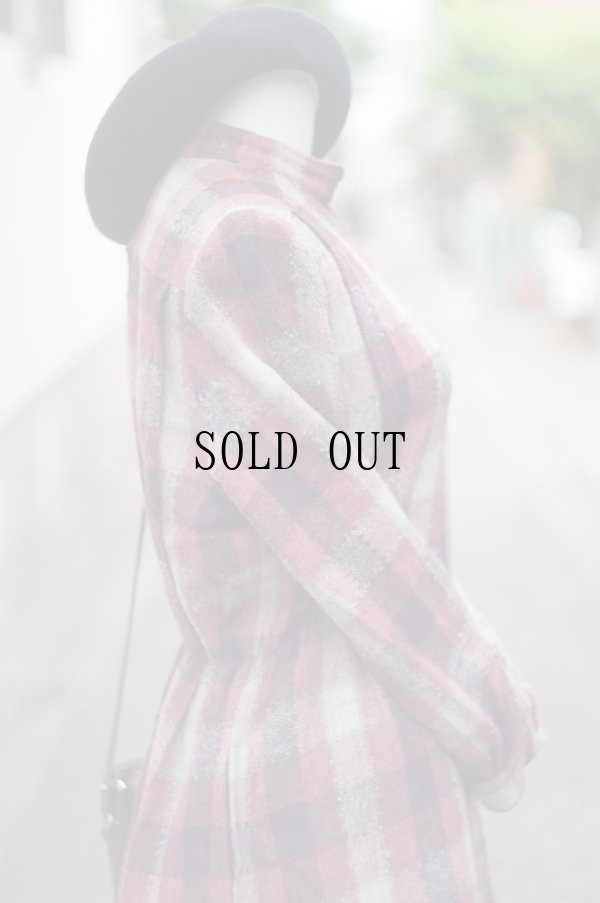 画像9: チェック柄 コットン ローズ系 長袖 レトロワンピース スタンドカラー [20407]