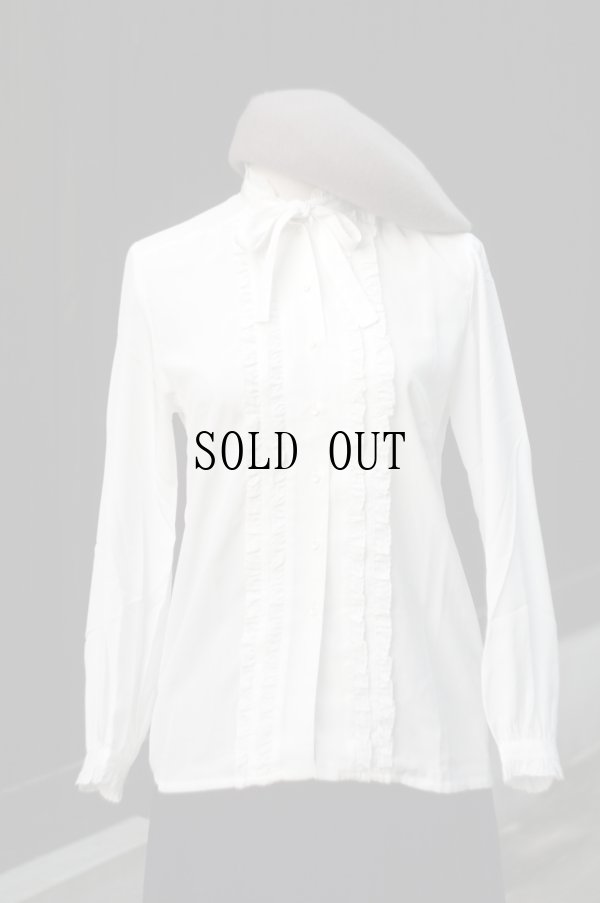 画像4: "Tokyo Blouse" 無地 白 長袖 ブラウス フリルスタンドカラー ボウタイ[20439]