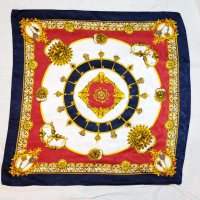イタリア製 ネイビー系 装飾模様 シルク スカーフ 88cm×88cm[20400]